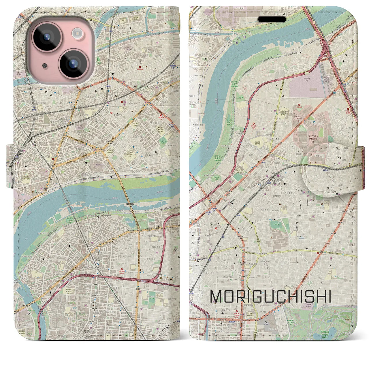 【守口市】地図柄iPhoneケース（手帳両面タイプ・ナチュラル）iPhone 15 Plus 用