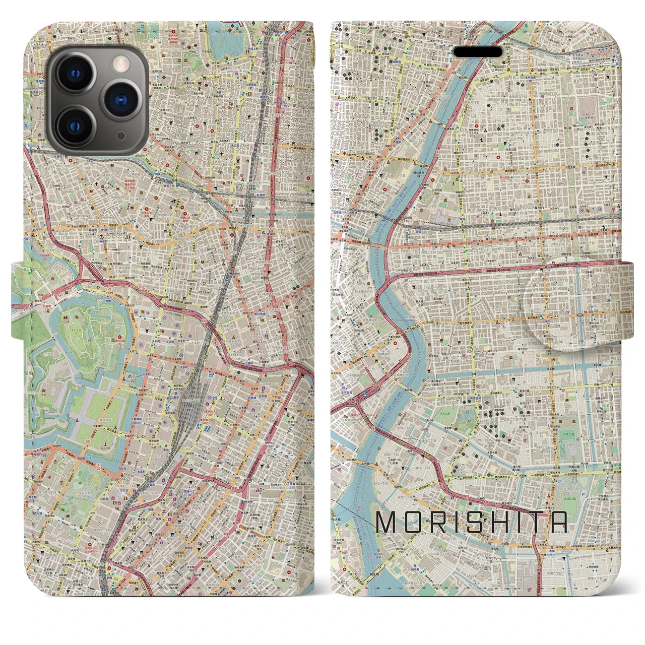 【森下】地図柄iPhoneケース（手帳両面タイプ・ナチュラル）iPhone 11 Pro Max 用