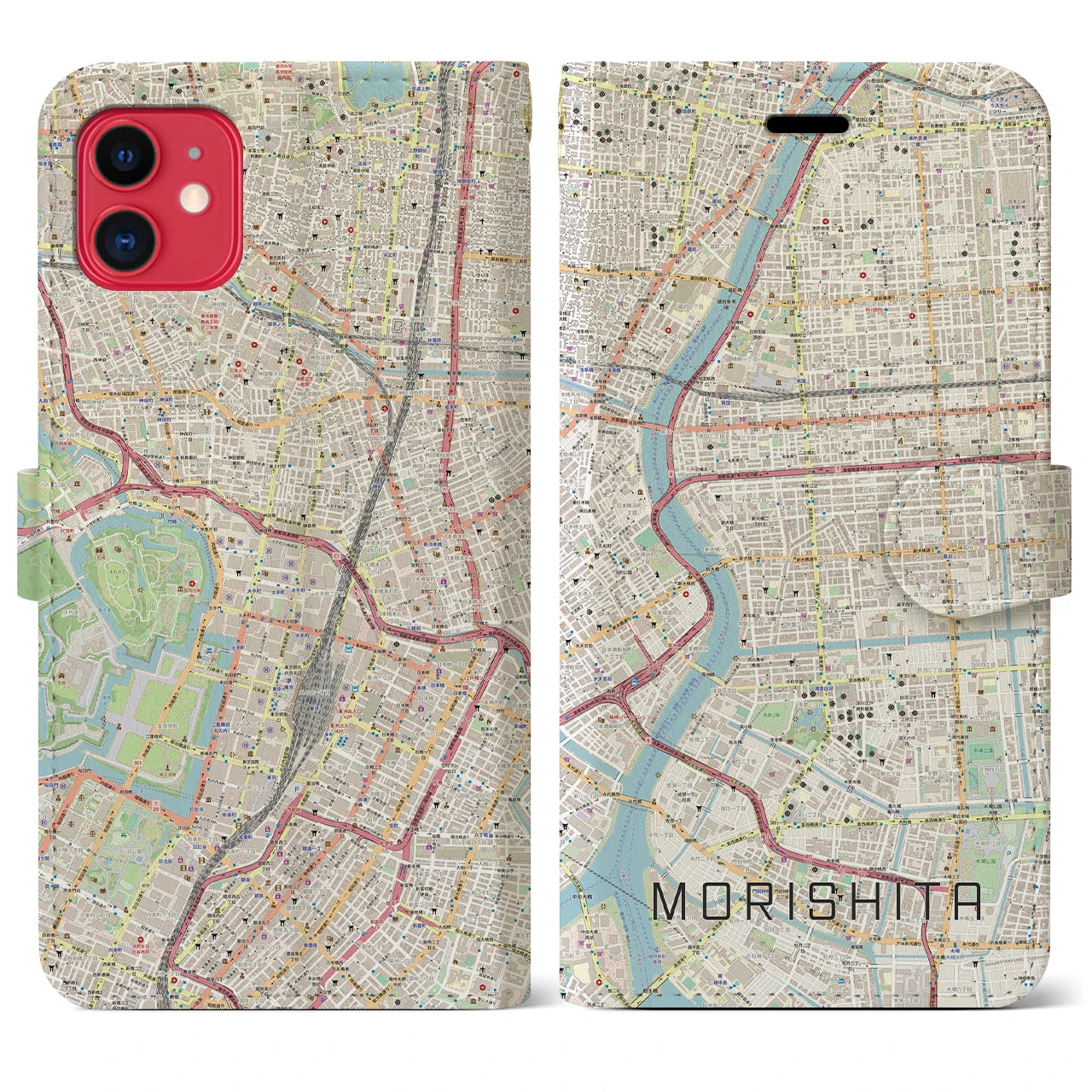 【森下】地図柄iPhoneケース（手帳両面タイプ・ナチュラル）iPhone 11 用