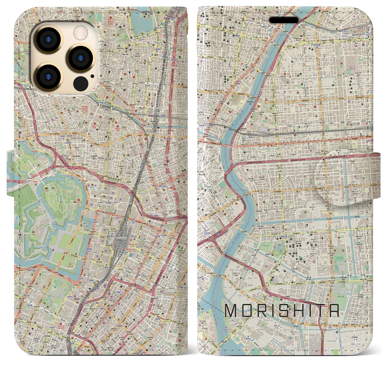 【森下】地図柄iPhoneケース（手帳両面タイプ・ナチュラル）iPhone 12 Pro Max 用