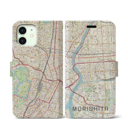 【森下（東京都）】地図柄iPhoneケース（手帳タイプ）ナチュラル・iPhone 12 mini 用