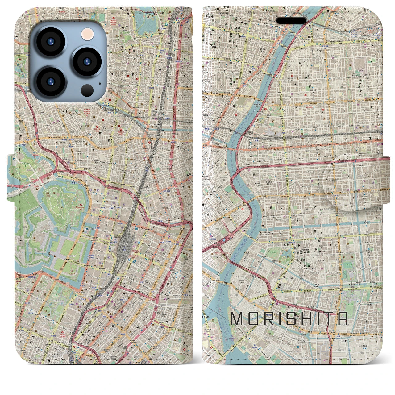 【森下】地図柄iPhoneケース（手帳両面タイプ・ナチュラル）iPhone 13 Pro Max 用