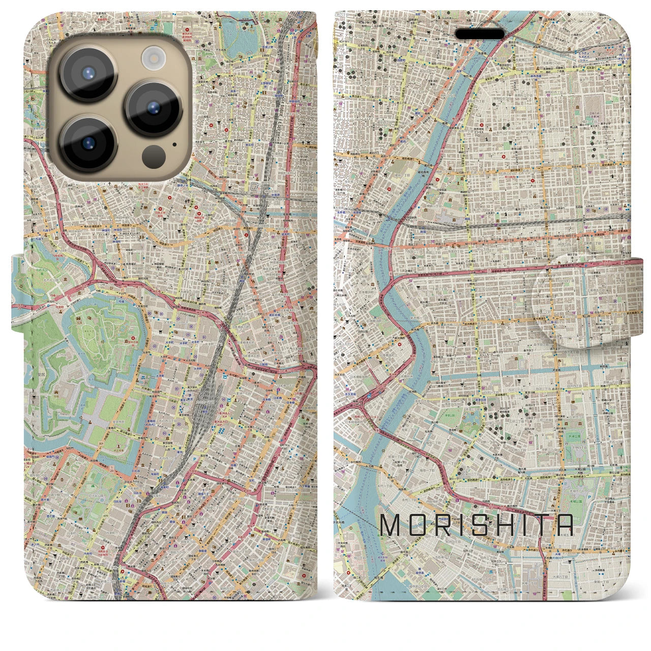 【森下】地図柄iPhoneケース（手帳両面タイプ・ナチュラル）iPhone 14 Pro Max 用
