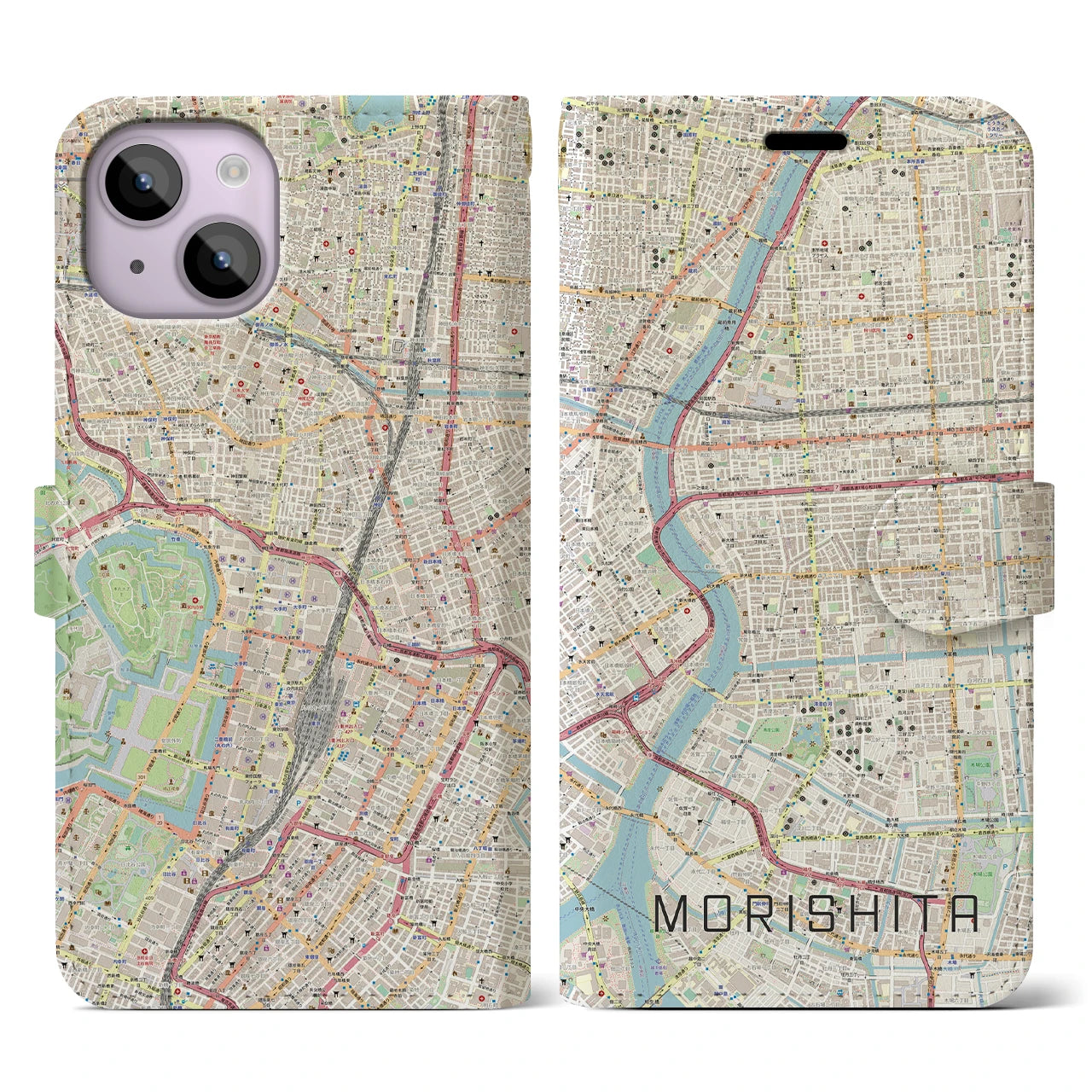 【森下】地図柄iPhoneケース（手帳両面タイプ・ナチュラル）iPhone 14 用