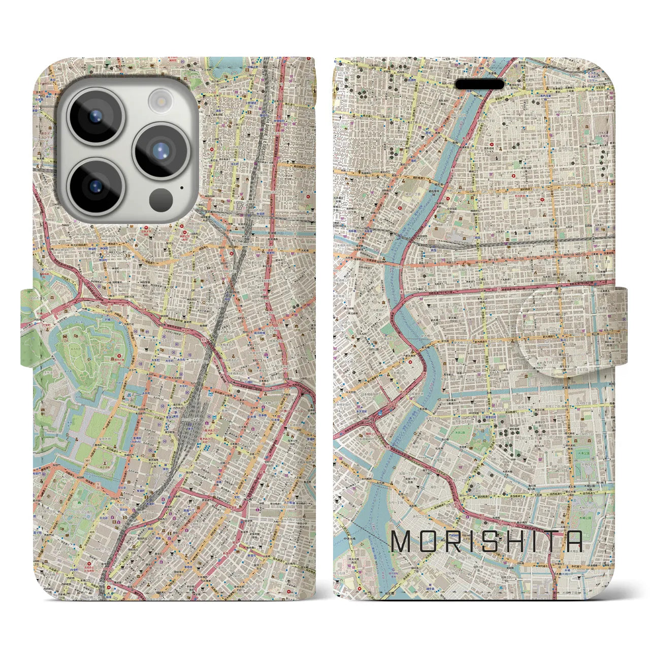【森下】地図柄iPhoneケース（手帳両面タイプ・ナチュラル）iPhone 15 Pro 用