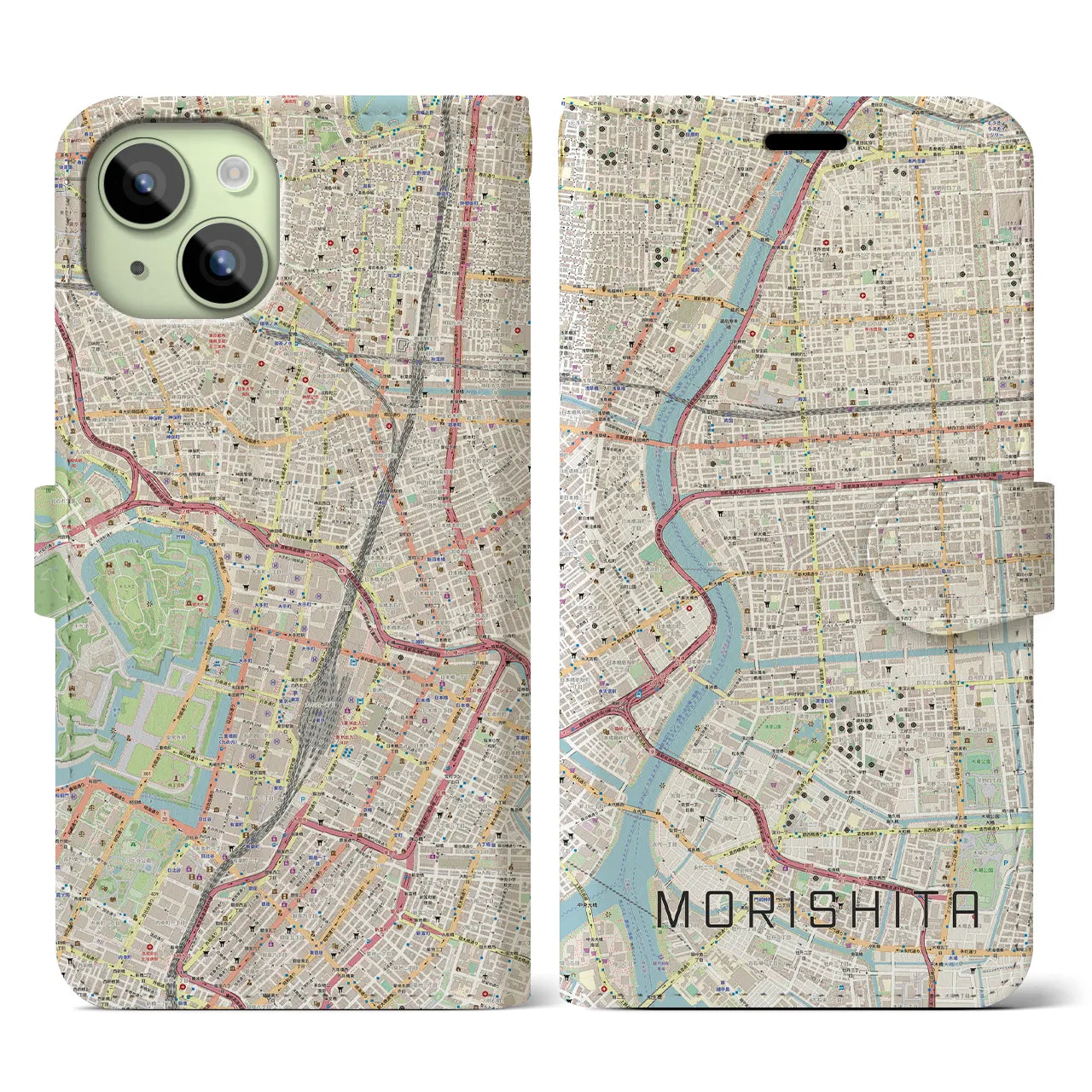【森下】地図柄iPhoneケース（手帳両面タイプ・ナチュラル）iPhone 15 用