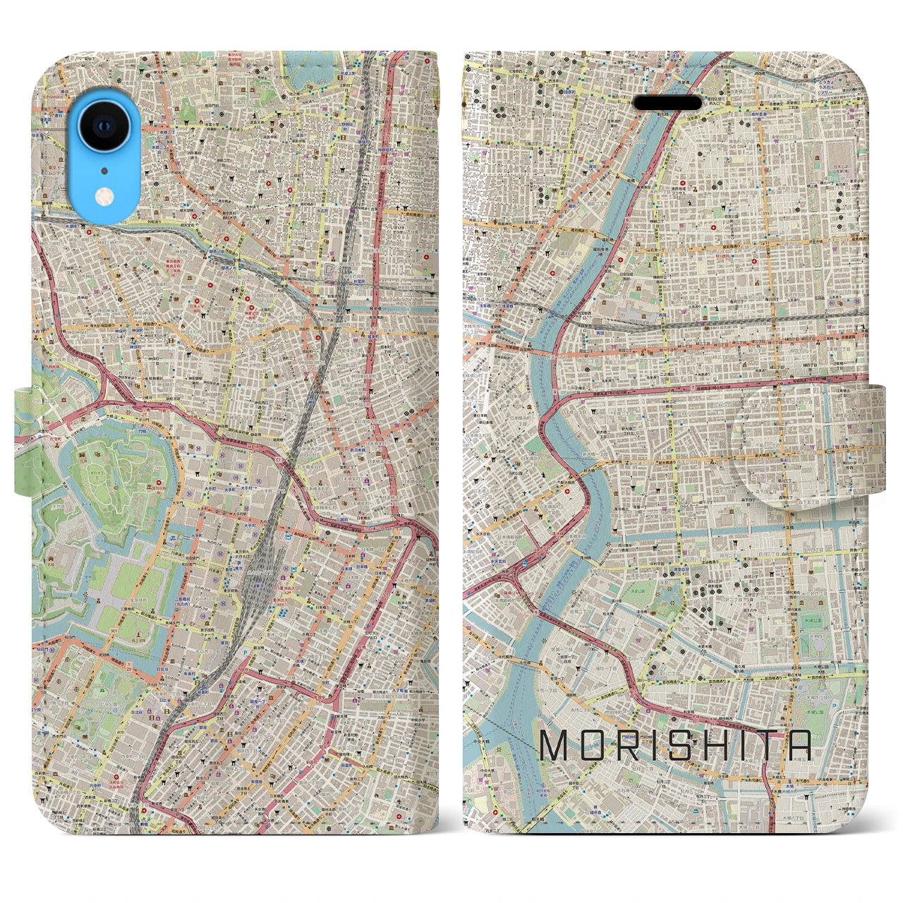 【森下】地図柄iPhoneケース（手帳両面タイプ・ナチュラル）iPhone XR 用