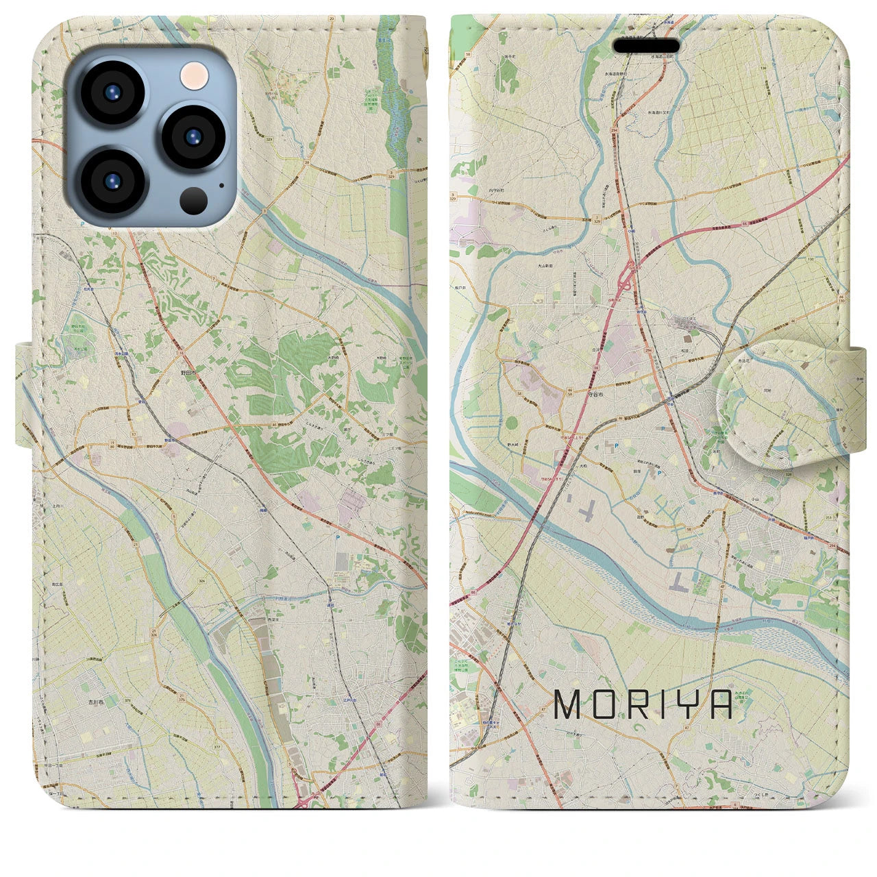 【守谷】地図柄iPhoneケース（手帳両面タイプ・ナチュラル）iPhone 13 Pro Max 用