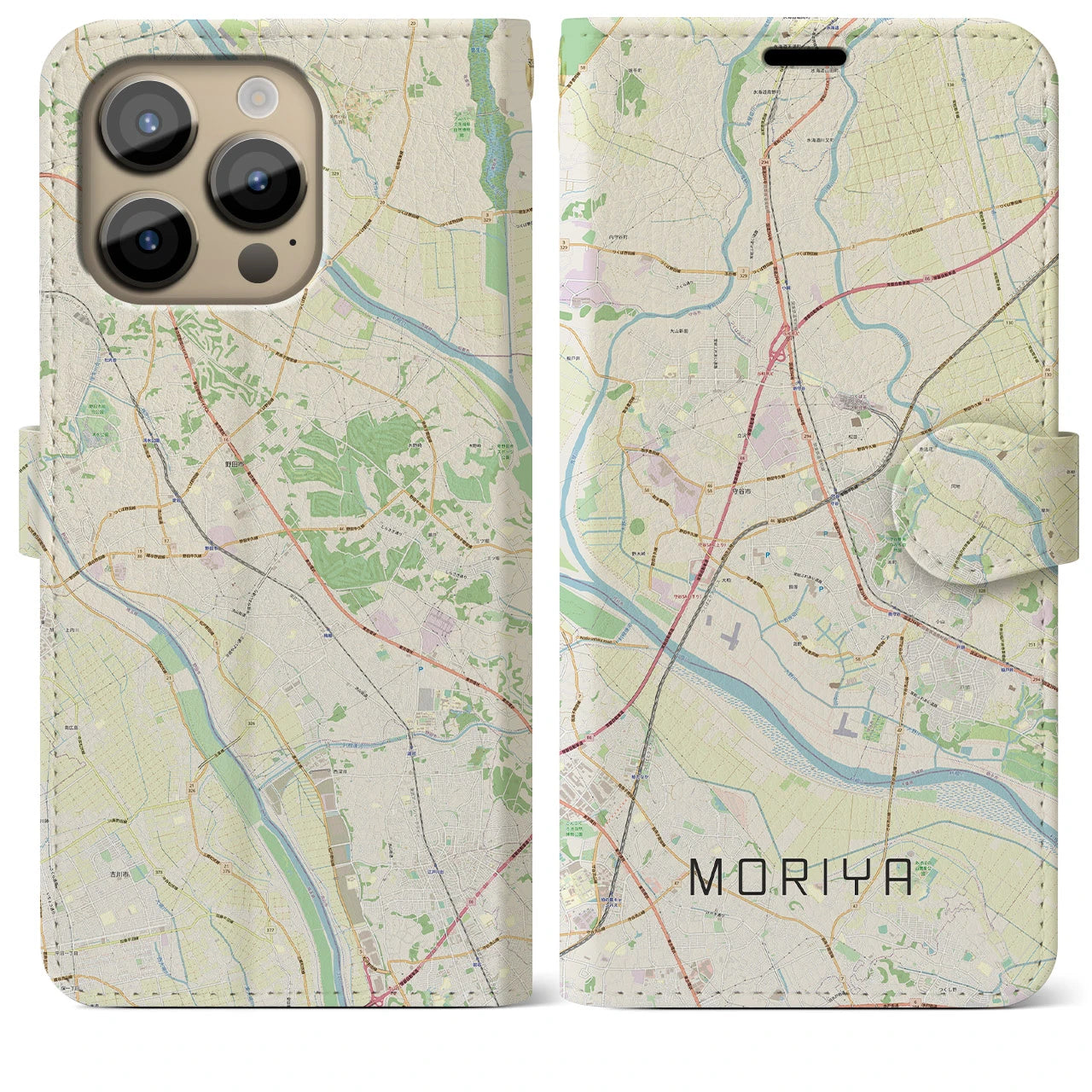 【守谷】地図柄iPhoneケース（手帳両面タイプ・ナチュラル）iPhone 14 Pro Max 用