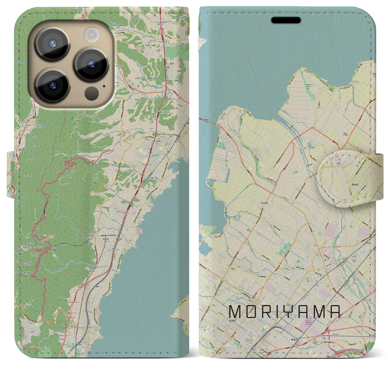 【守山】地図柄iPhoneケース（手帳両面タイプ・ナチュラル）iPhone 14 Pro Max 用