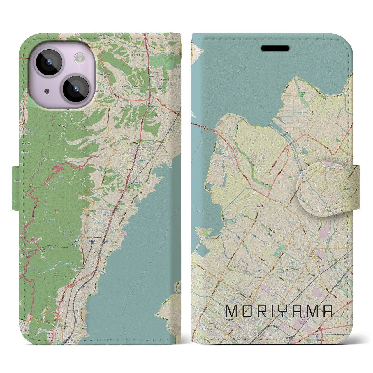 【守山】地図柄iPhoneケース（手帳両面タイプ・ナチュラル）iPhone 14 用