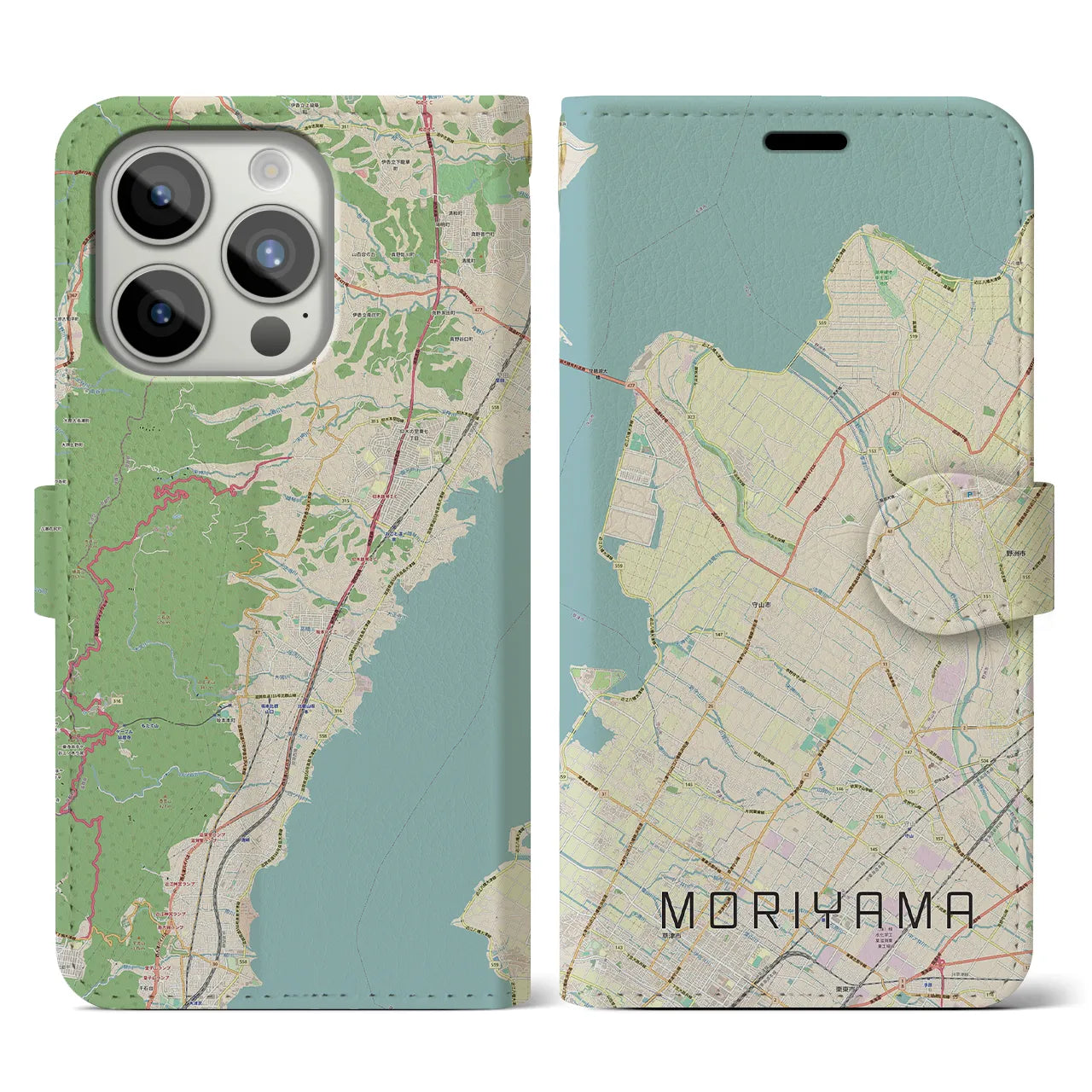 【守山】地図柄iPhoneケース（手帳両面タイプ・ナチュラル）iPhone 15 Pro 用