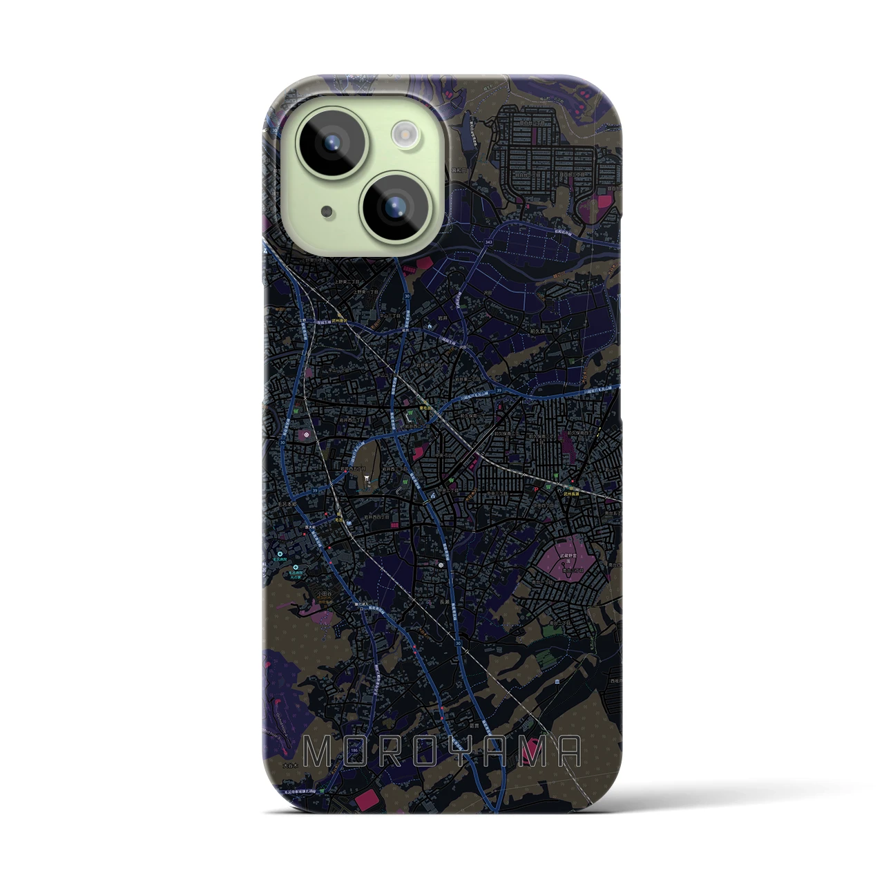 【毛呂山】地図柄iPhoneケース（バックカバータイプ・ブラック）iPhone 15 用