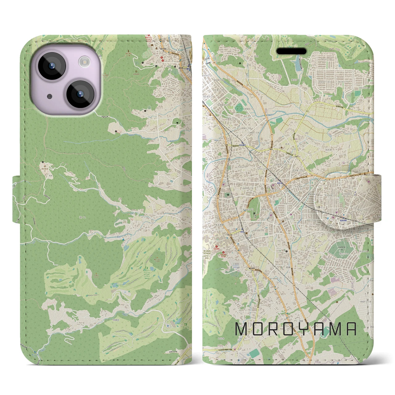 【毛呂山】地図柄iPhoneケース（手帳両面タイプ・ナチュラル）iPhone 14 用