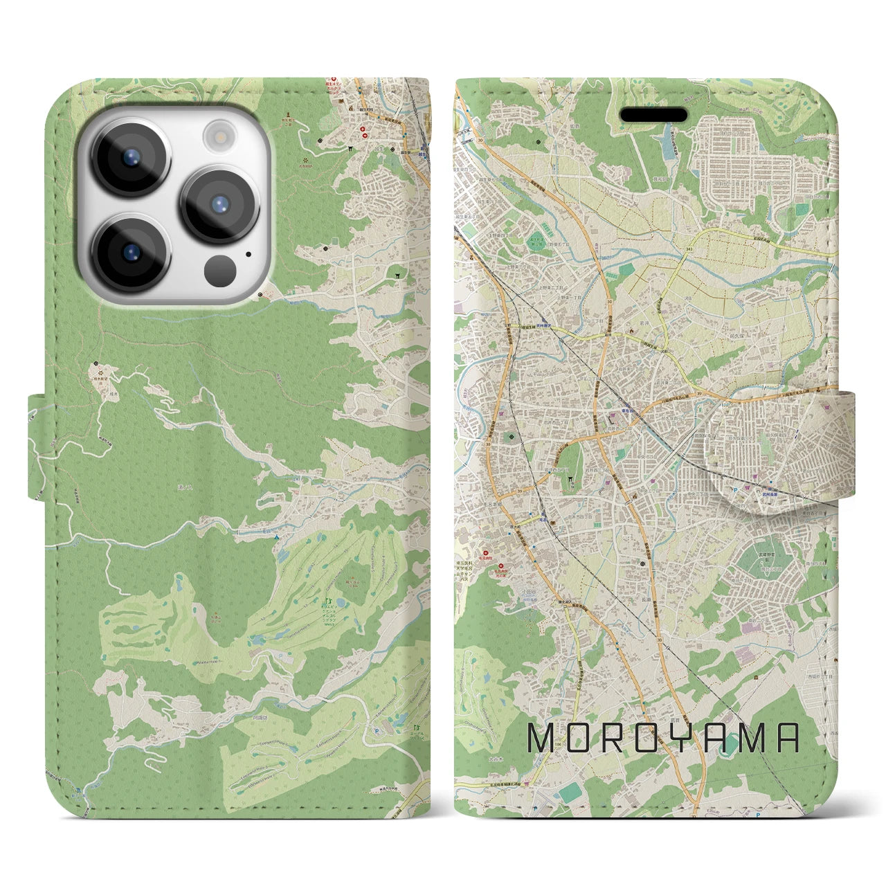 【毛呂山】地図柄iPhoneケース（手帳両面タイプ・ナチュラル）iPhone 14 Pro 用