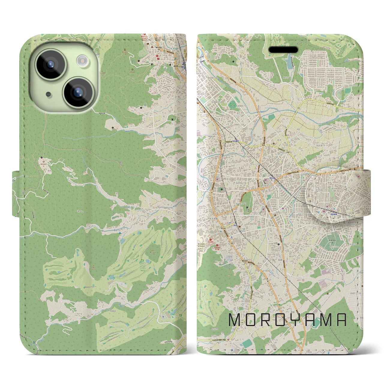 【毛呂山】地図柄iPhoneケース（手帳両面タイプ・ナチュラル）iPhone 15 用