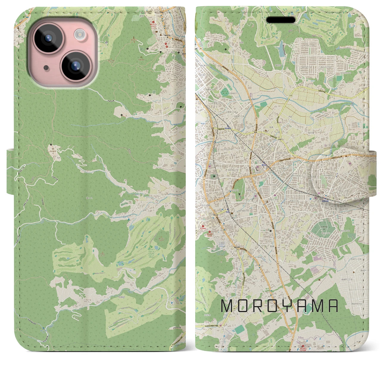 【毛呂山】地図柄iPhoneケース（手帳両面タイプ・ナチュラル）iPhone 15 Plus 用