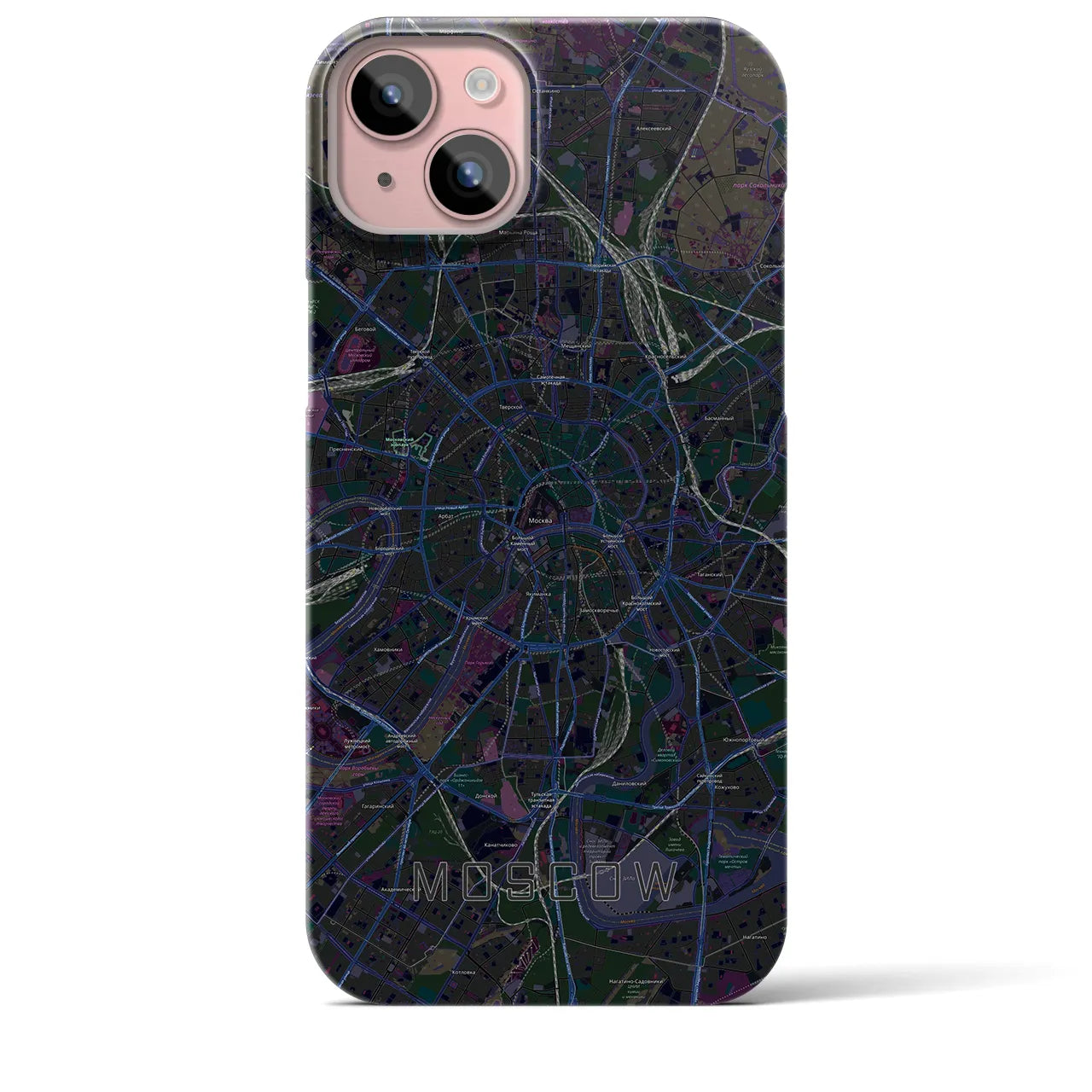 【モスクワ】地図柄iPhoneケース（バックカバータイプ・ブラック）iPhone 15 Plus 用