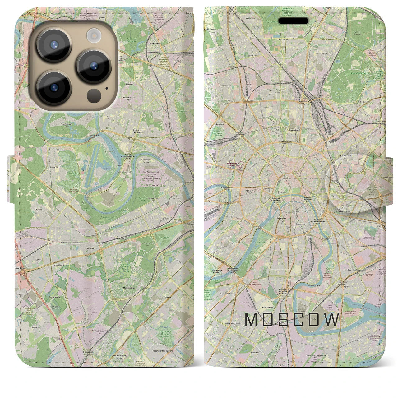 【モスクワ】地図柄iPhoneケース（手帳両面タイプ・ナチュラル）iPhone 14 Pro Max 用
