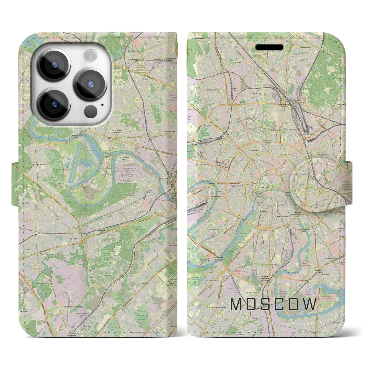 【モスクワ】地図柄iPhoneケース（手帳両面タイプ・ナチュラル）iPhone 14 Pro 用