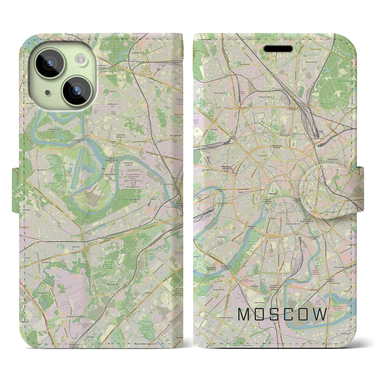 【モスクワ】地図柄iPhoneケース（手帳両面タイプ・ナチュラル）iPhone 15 用