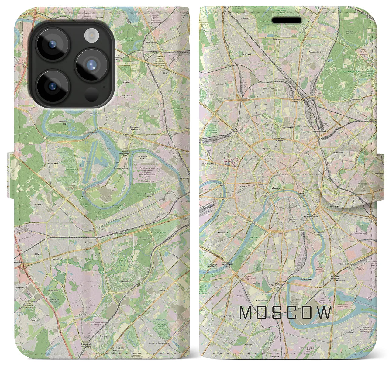 【モスクワ】地図柄iPhoneケース（手帳両面タイプ・ナチュラル）iPhone 15 Pro Max 用