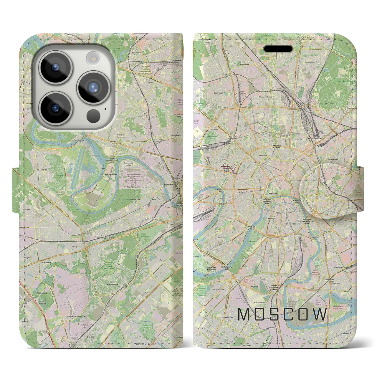 【モスクワ】地図柄iPhoneケース（手帳両面タイプ・ナチュラル）iPhone 15 Pro 用