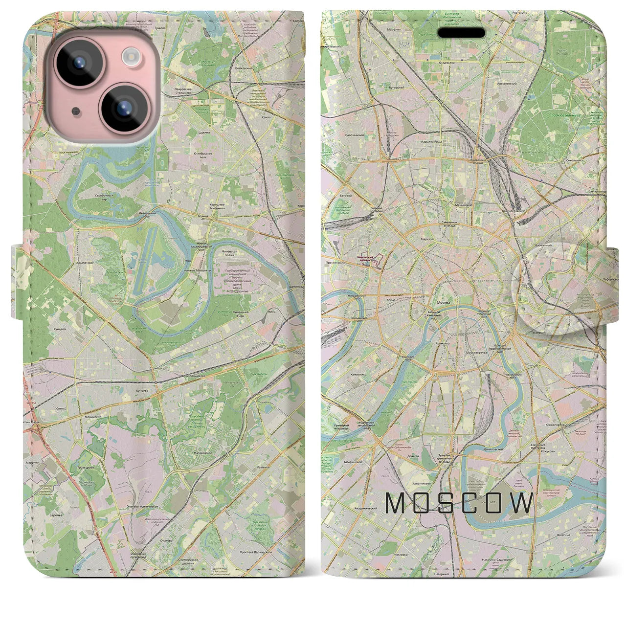 【モスクワ】地図柄iPhoneケース（手帳両面タイプ・ナチュラル）iPhone 15 Plus 用