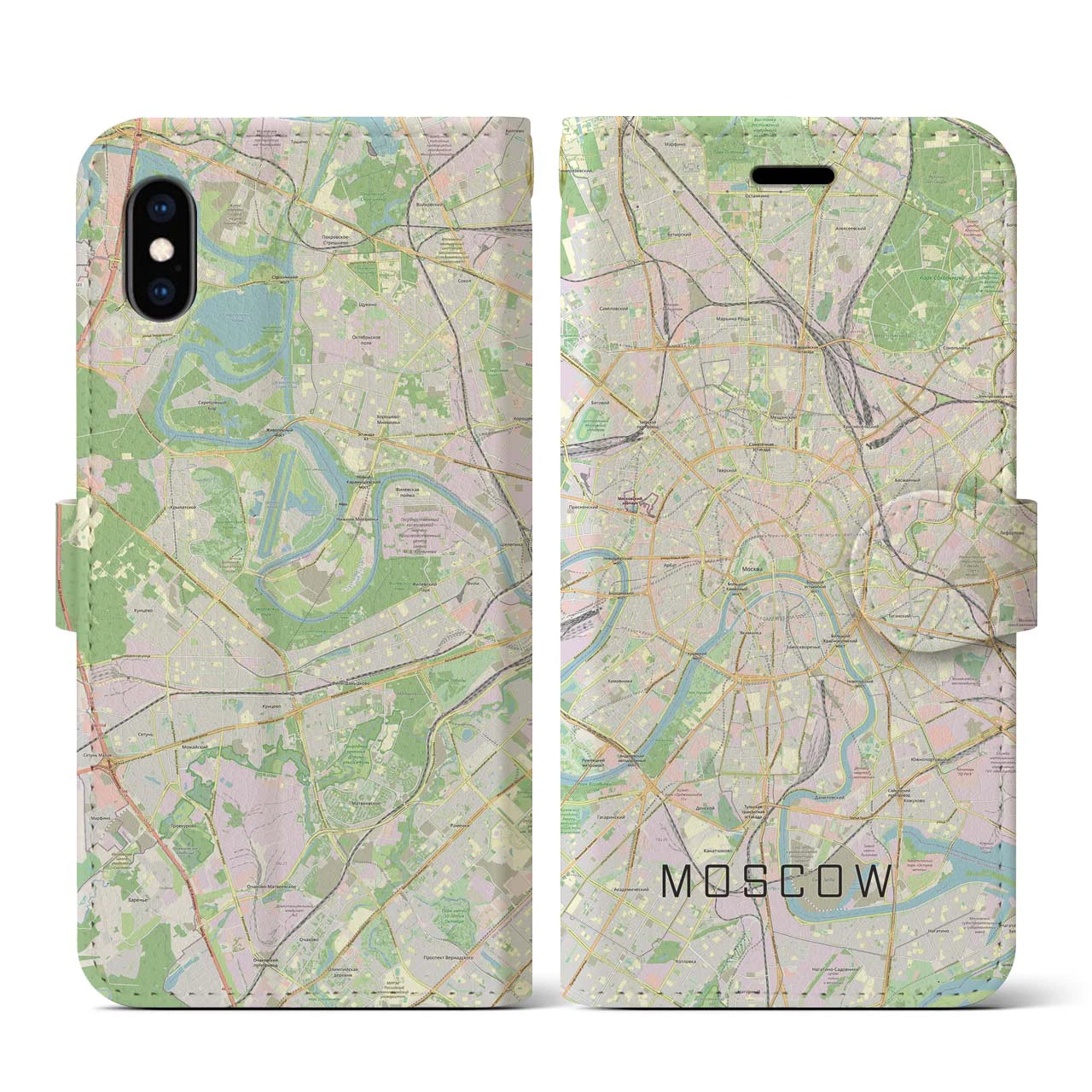 【モスクワ】地図柄iPhoneケース（手帳両面タイプ・ナチュラル）iPhone XS / X 用