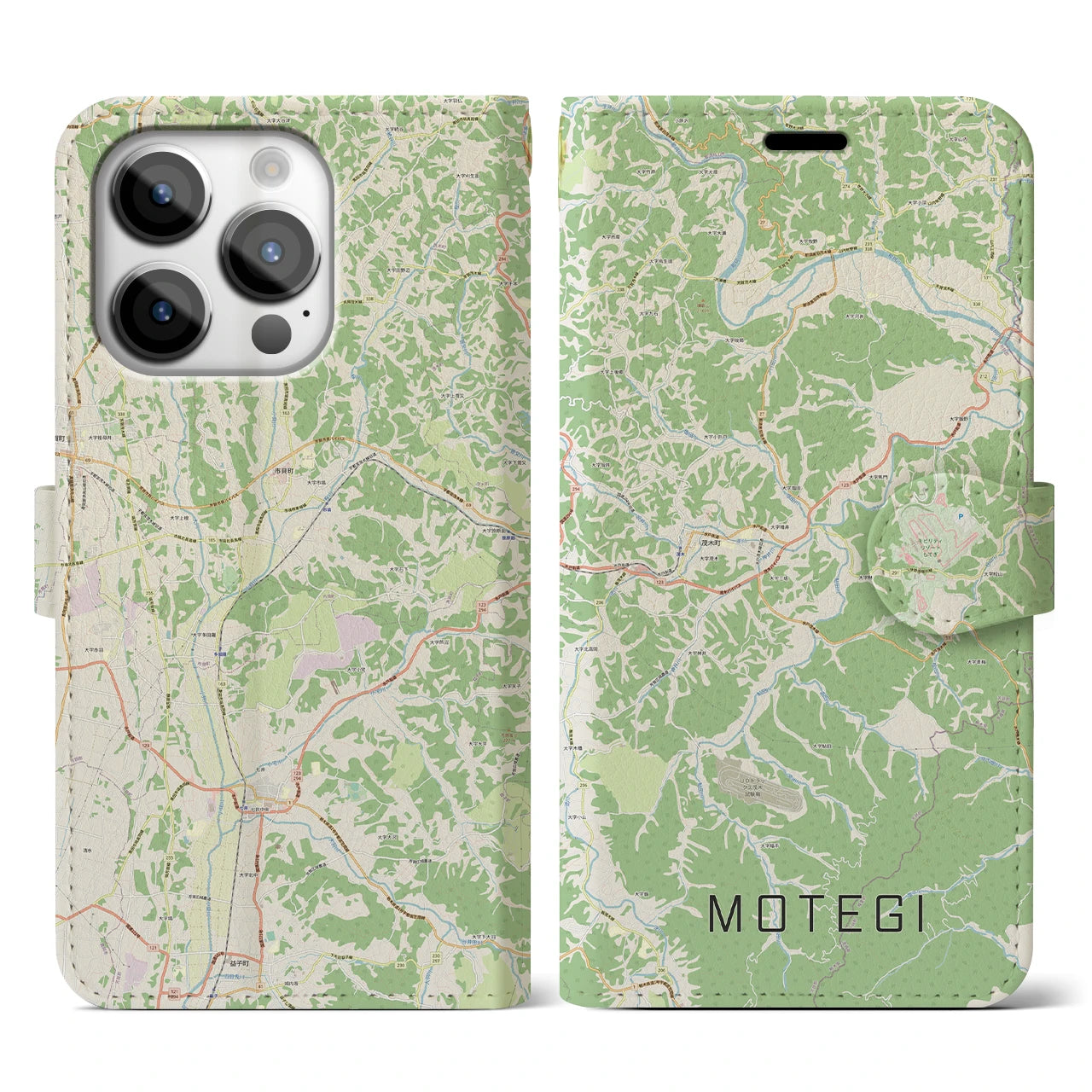 【茂木】地図柄iPhoneケース（手帳両面タイプ・ナチュラル）iPhone 14 Pro 用