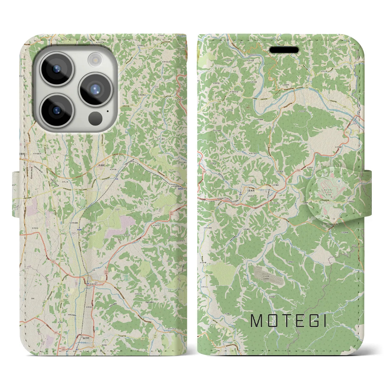 【茂木】地図柄iPhoneケース（手帳両面タイプ・ナチュラル）iPhone 15 Pro 用