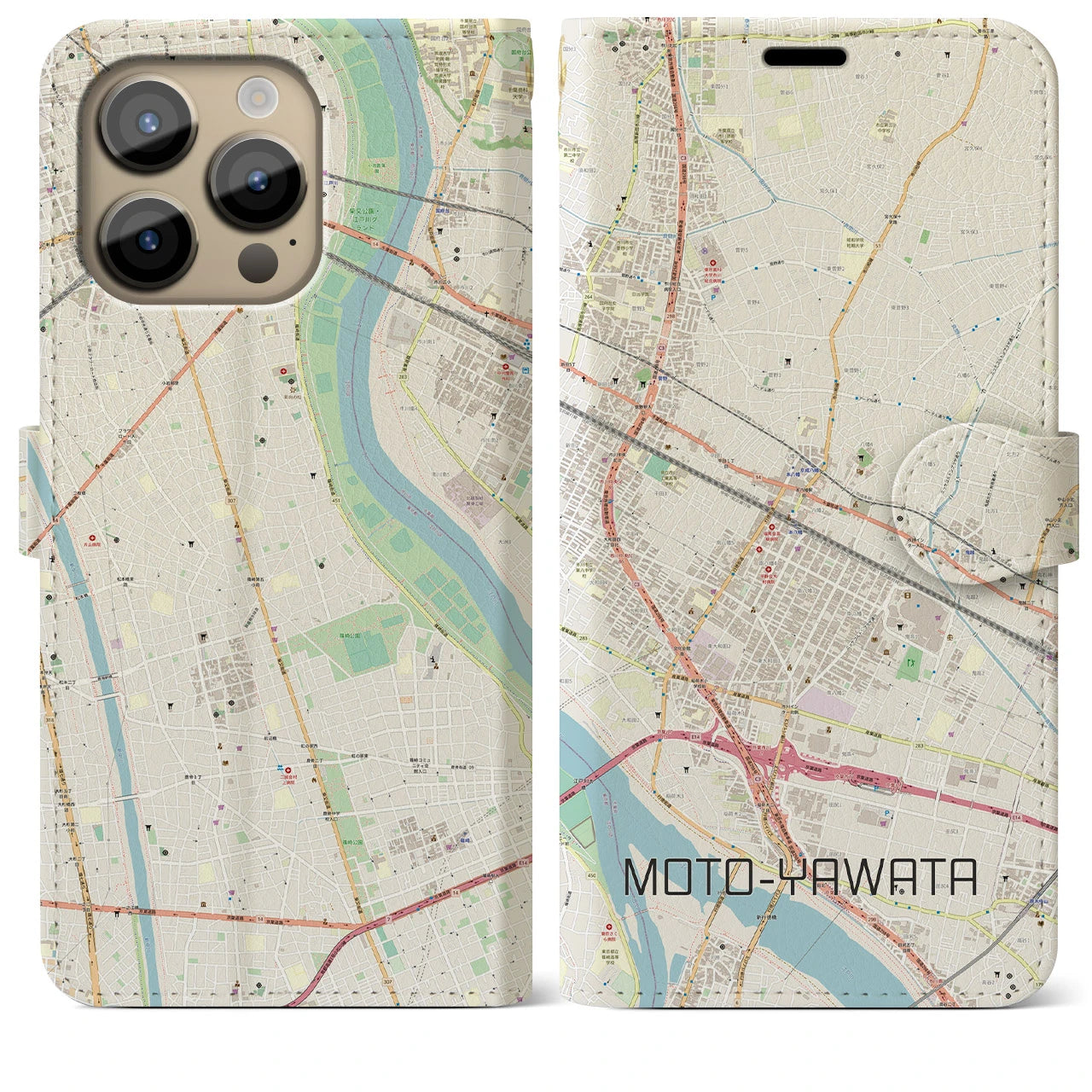 【本八幡】地図柄iPhoneケース（手帳両面タイプ・ナチュラル）iPhone 14 Pro Max 用