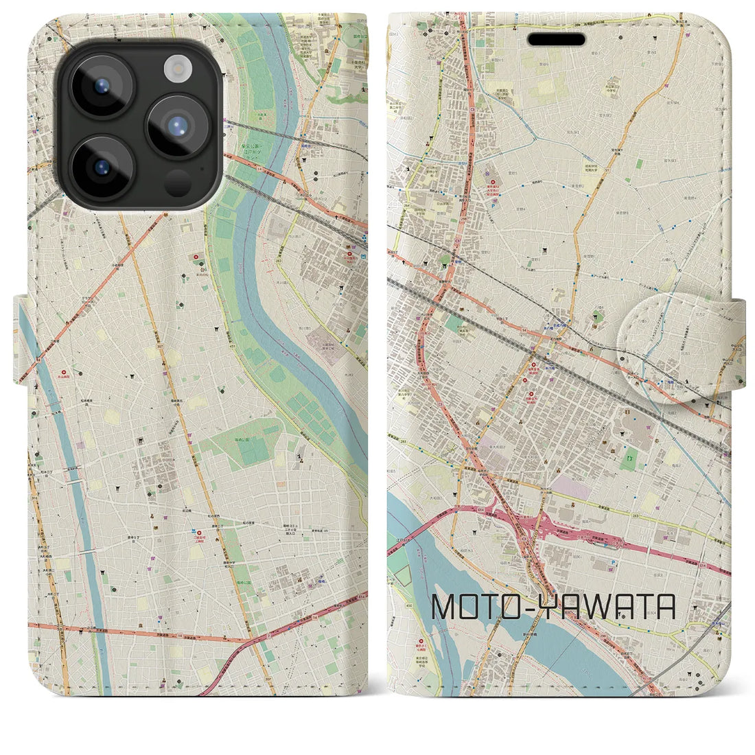 【本八幡】地図柄iPhoneケース（手帳両面タイプ・ナチュラル）iPhone 15 Pro Max 用