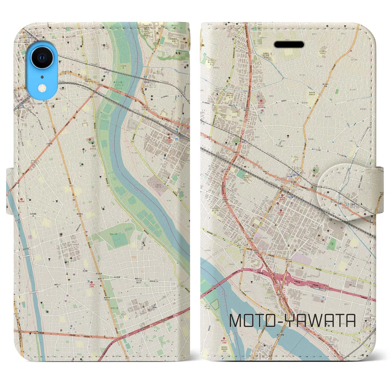 【本八幡】地図柄iPhoneケース（手帳両面タイプ・ナチュラル）iPhone XR 用