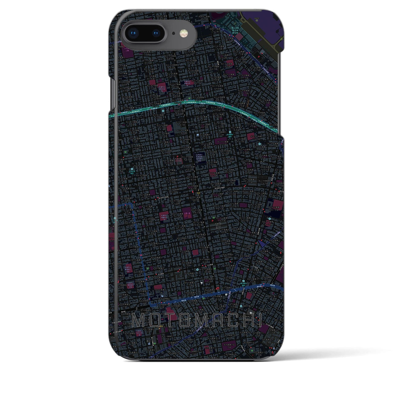 【元町（北海道）】地図柄iPhoneケース（バックカバータイプ・ブラック）iPhone 8Plus /7Plus / 6sPlus / 6Plus 用