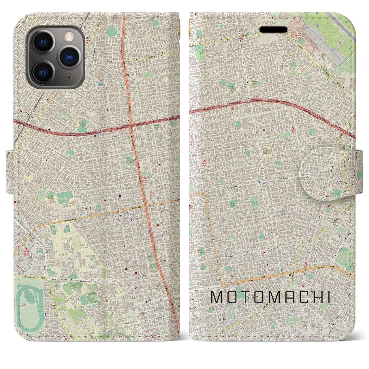 【元町（北海道）】地図柄iPhoneケース（手帳両面タイプ・ナチュラル）iPhone 11 Pro Max 用