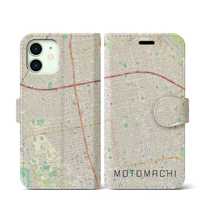 【元町（北海道）】地図柄iPhoneケース（手帳タイプ）ナチュラル・iPhone 12 mini 用