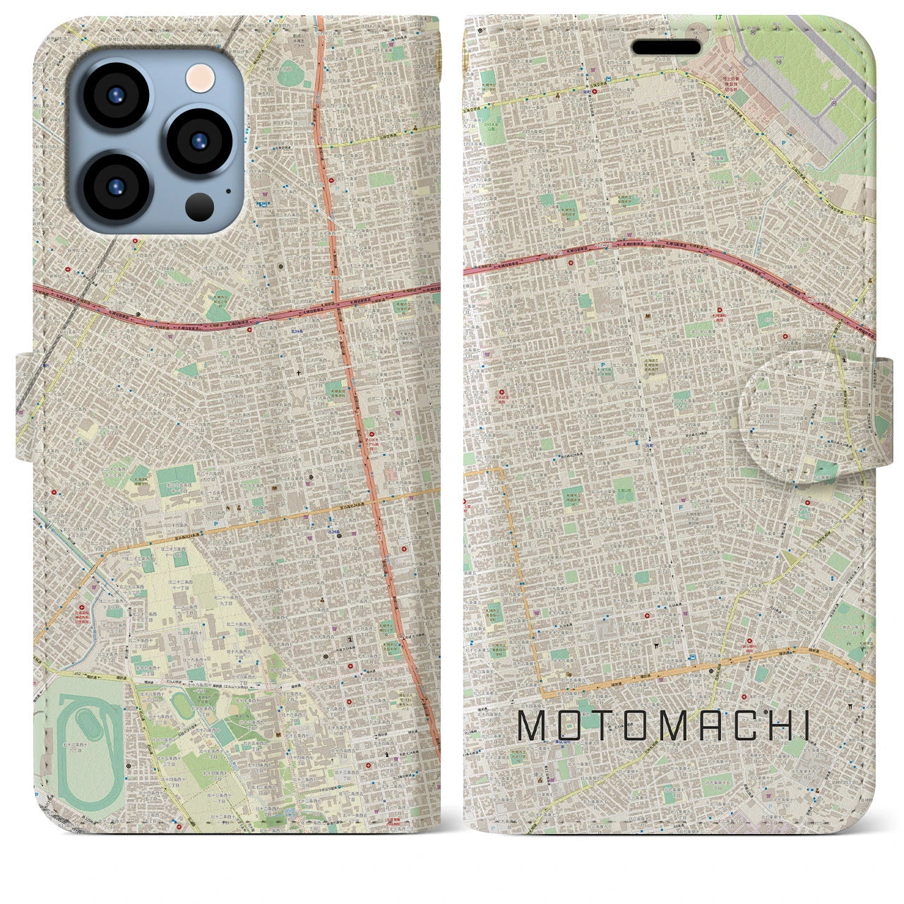 【元町（北海道）】地図柄iPhoneケース（手帳両面タイプ・ナチュラル）iPhone 13 Pro Max 用