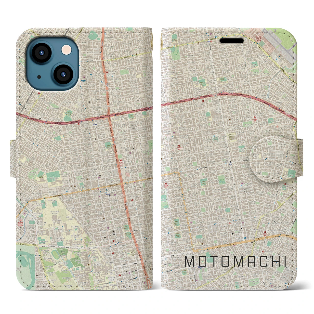 【元町（北海道）】地図柄iPhoneケース（手帳両面タイプ・ナチュラル）iPhone 13 用