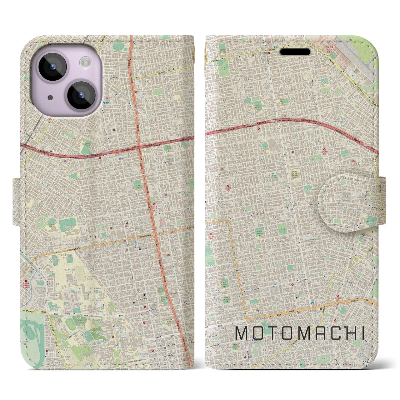 【元町（北海道）】地図柄iPhoneケース（手帳両面タイプ・ナチュラル）iPhone 14 用