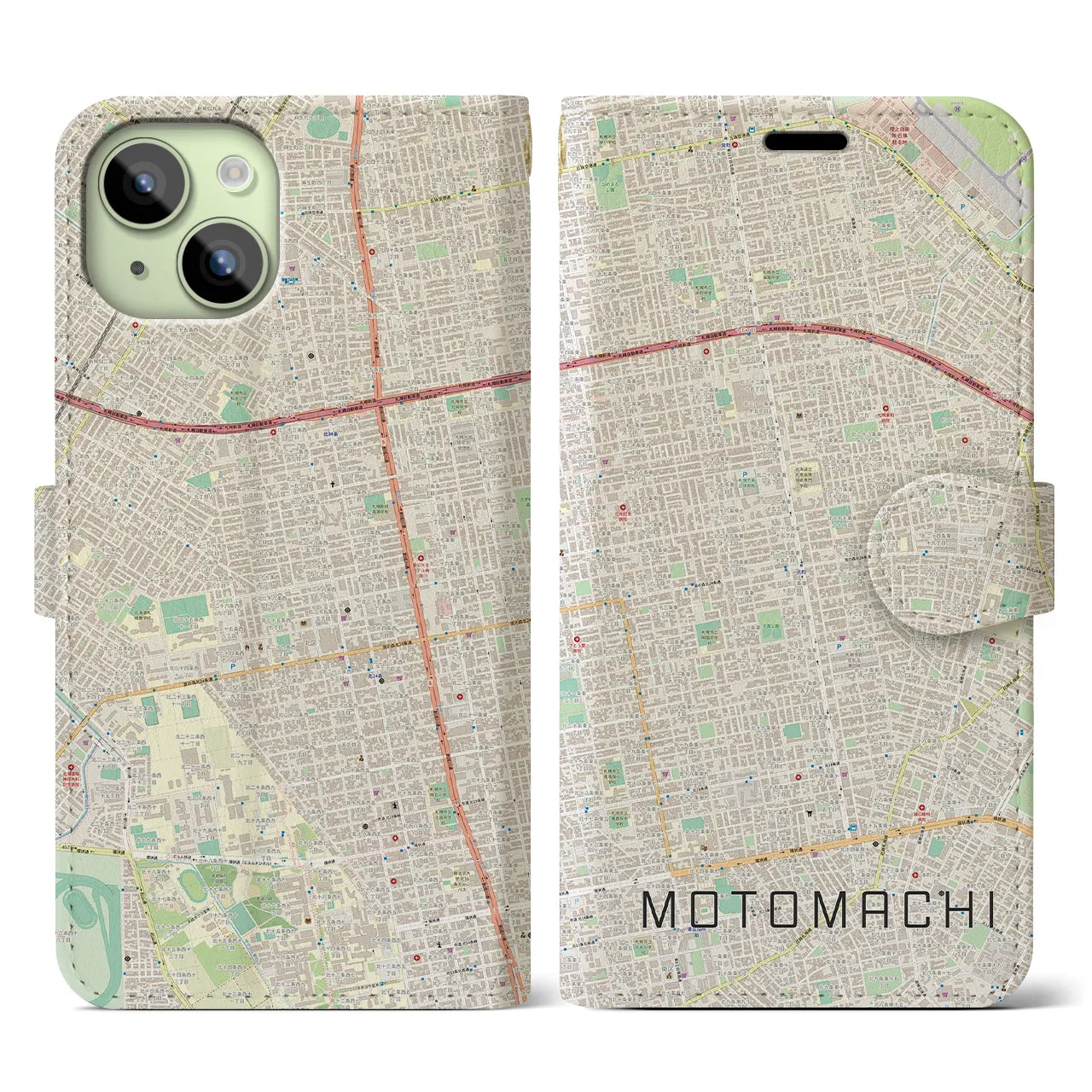 【元町（北海道）】地図柄iPhoneケース（手帳両面タイプ・ナチュラル）iPhone 15 用