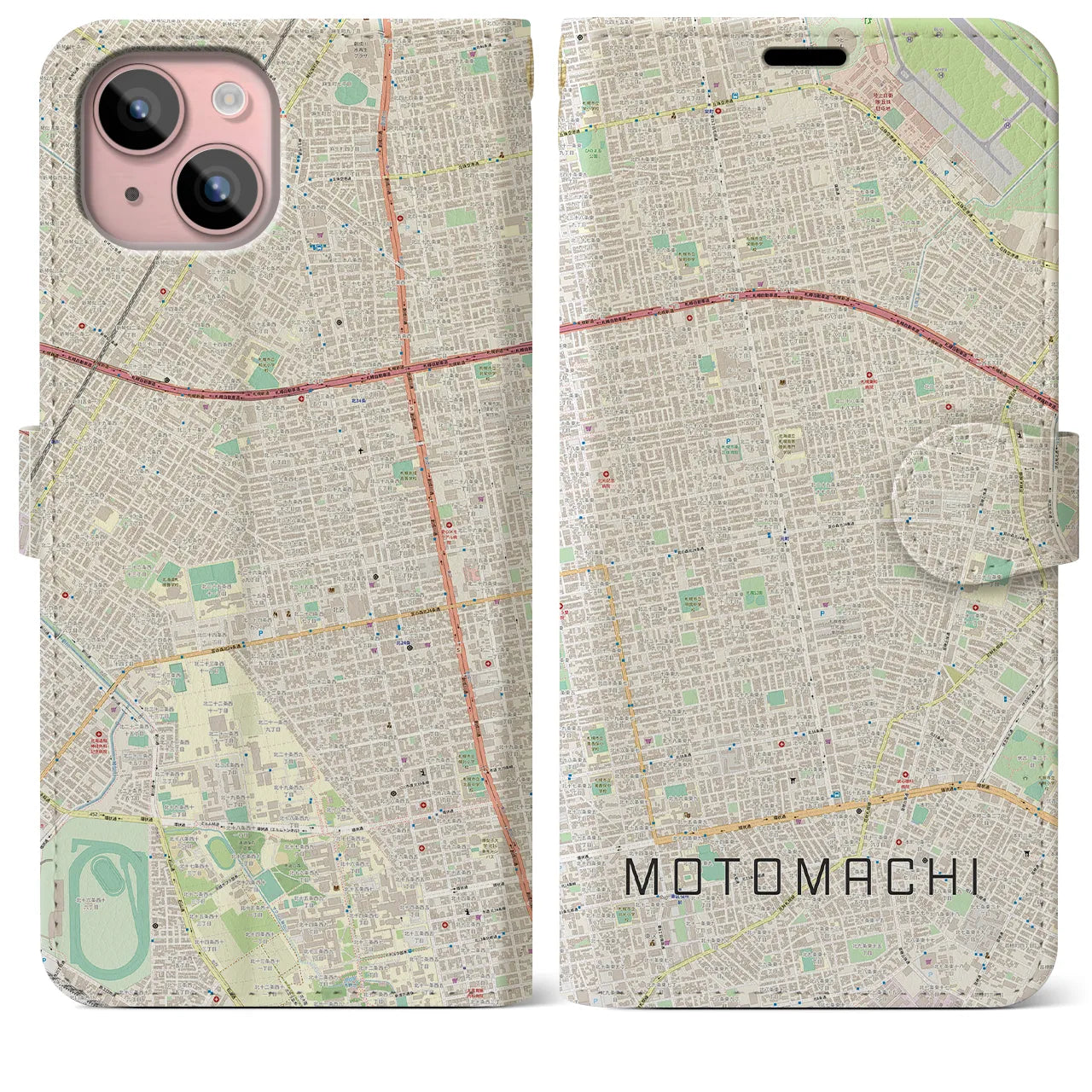 【元町（北海道）】地図柄iPhoneケース（手帳両面タイプ・ナチュラル）iPhone 15 Plus 用
