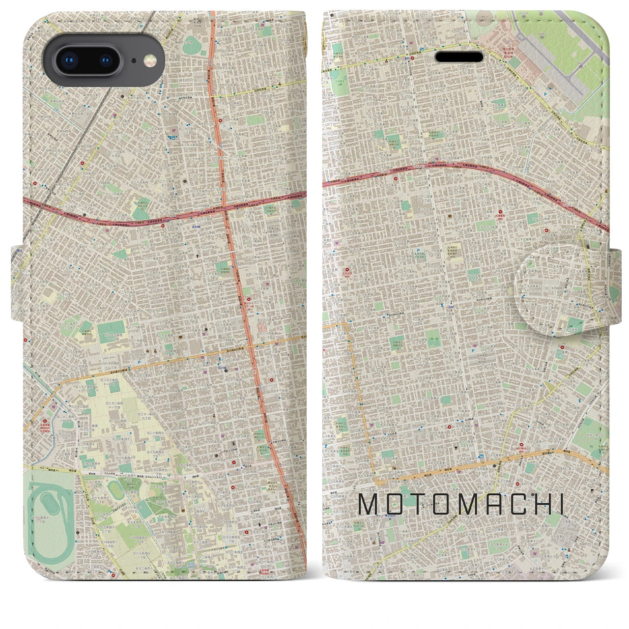 【元町（北海道）】地図柄iPhoneケース（手帳両面タイプ・ナチュラル）iPhone 8Plus /7Plus / 6sPlus / 6Plus 用