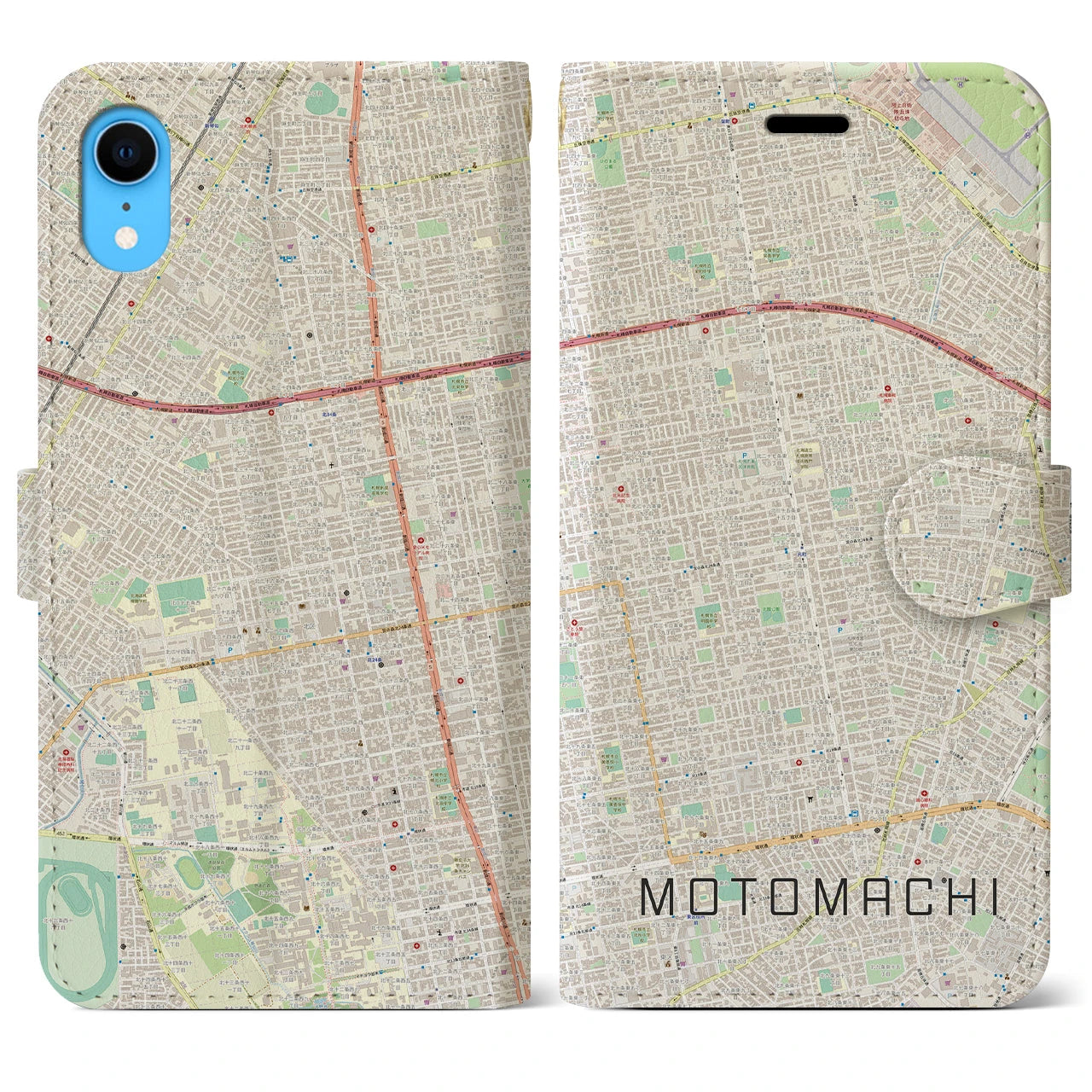 【元町（北海道）】地図柄iPhoneケース（手帳両面タイプ・ナチュラル）iPhone XR 用