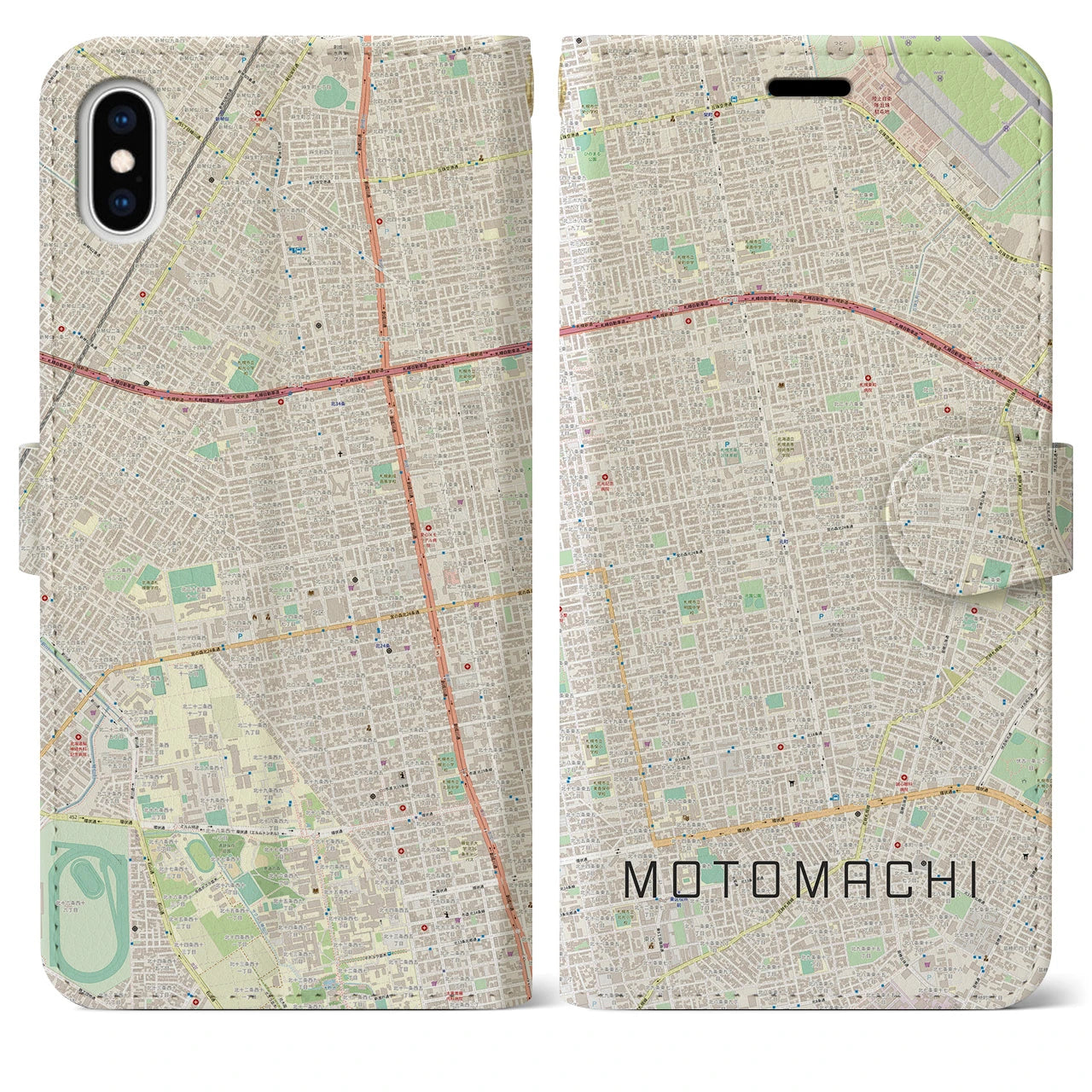 【元町（北海道）】地図柄iPhoneケース（手帳両面タイプ・ナチュラル）iPhone XS Max 用