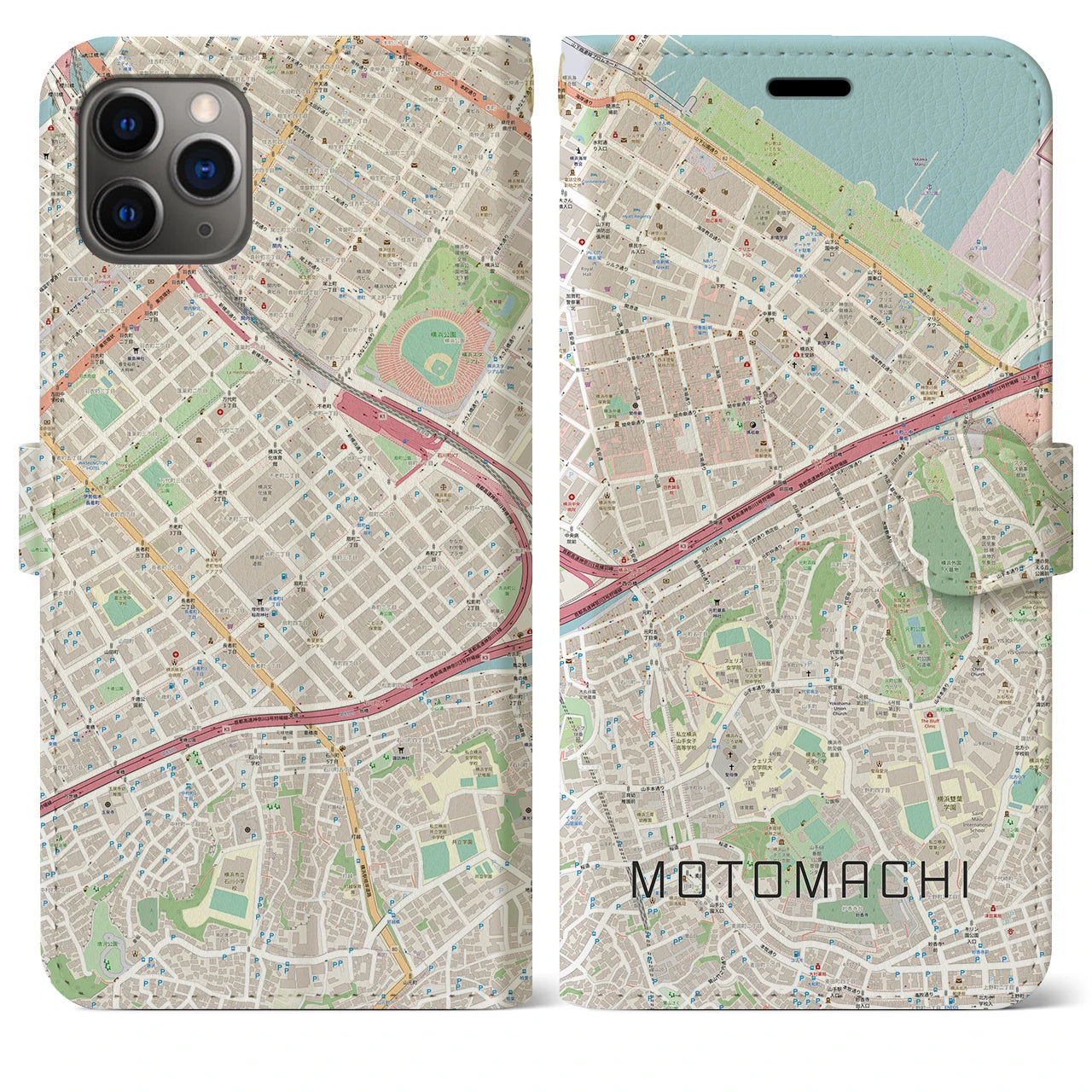 【元町（神奈川県）】地図柄iPhoneケース（手帳タイプ）ナチュラル・iPhone 11 Pro Max 用