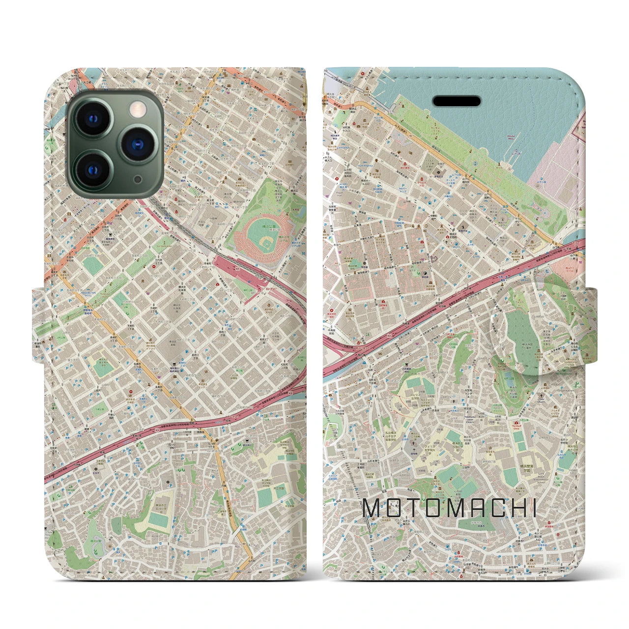 【元町（神奈川県）】地図柄iPhoneケース（手帳タイプ）ナチュラル・iPhone 11 Pro 用