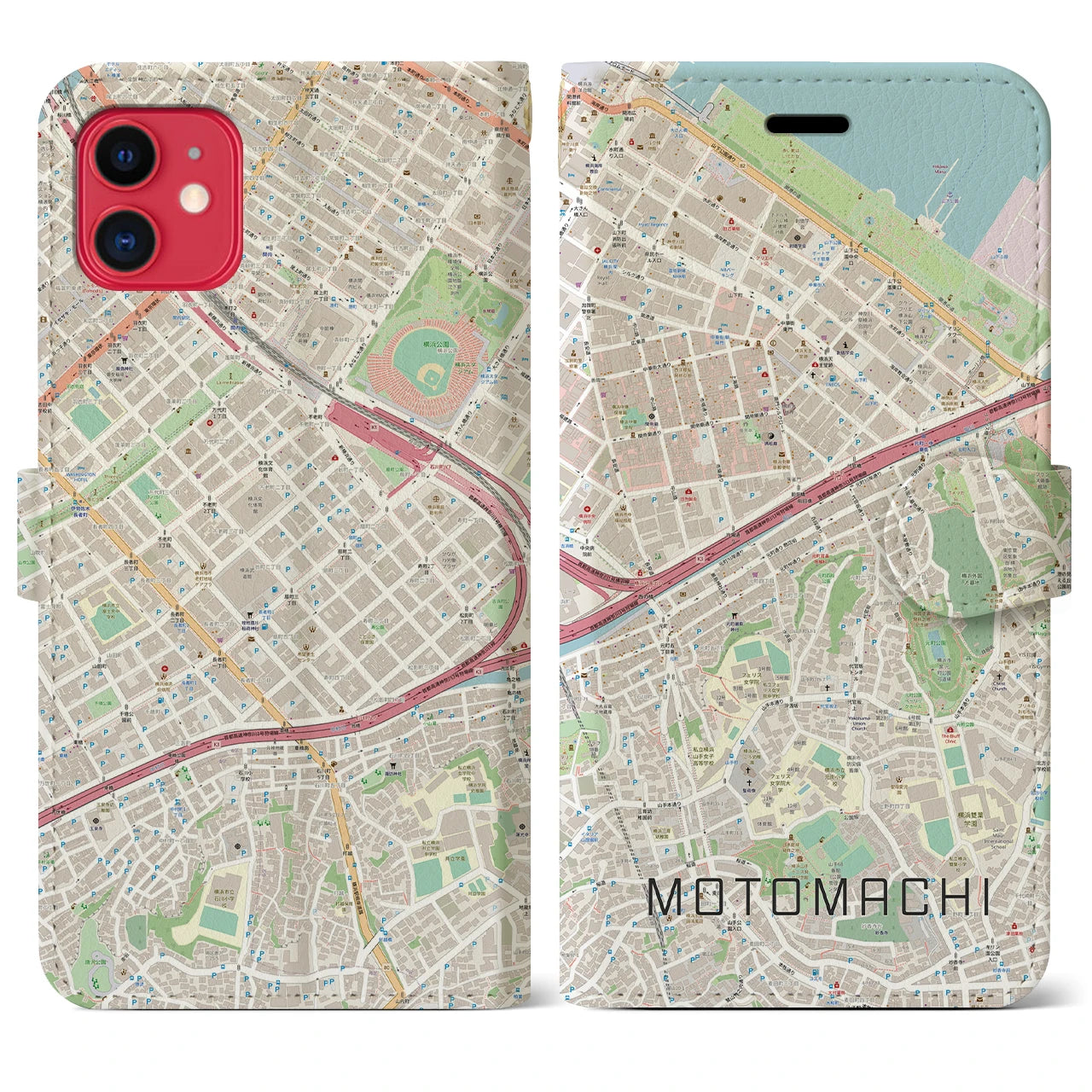 【元町（神奈川県）】地図柄iPhoneケース（手帳タイプ）ナチュラル・iPhone 11 用
