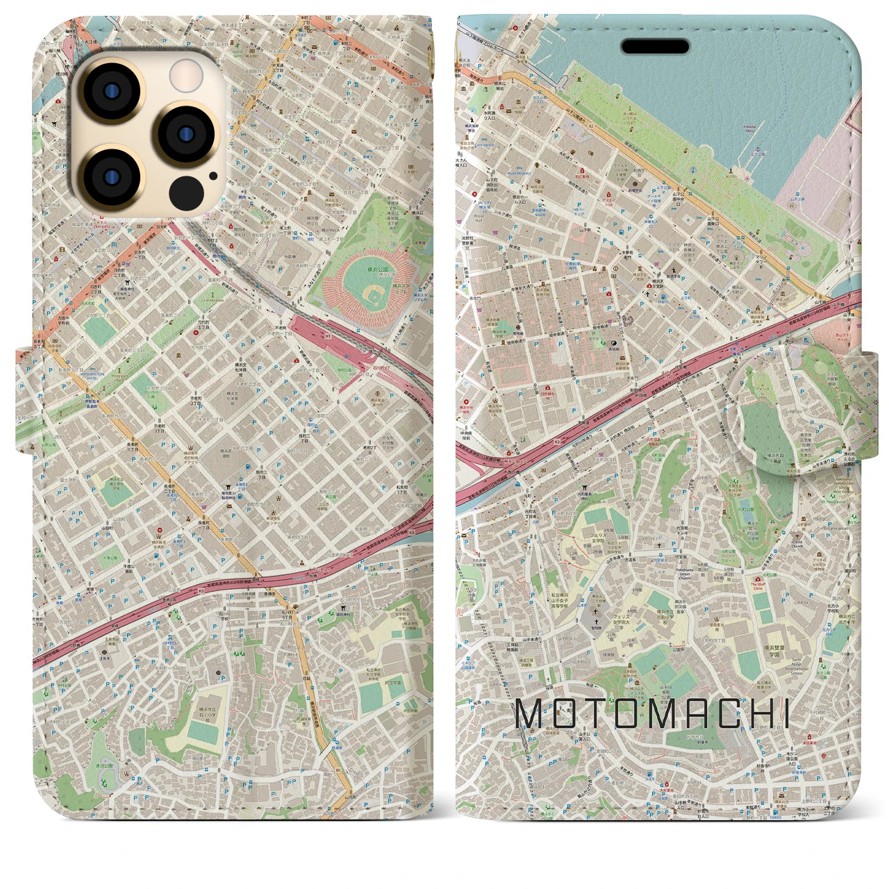 【元町（神奈川県）】地図柄iPhoneケース（手帳タイプ）ナチュラル・iPhone 12 Pro Max 用