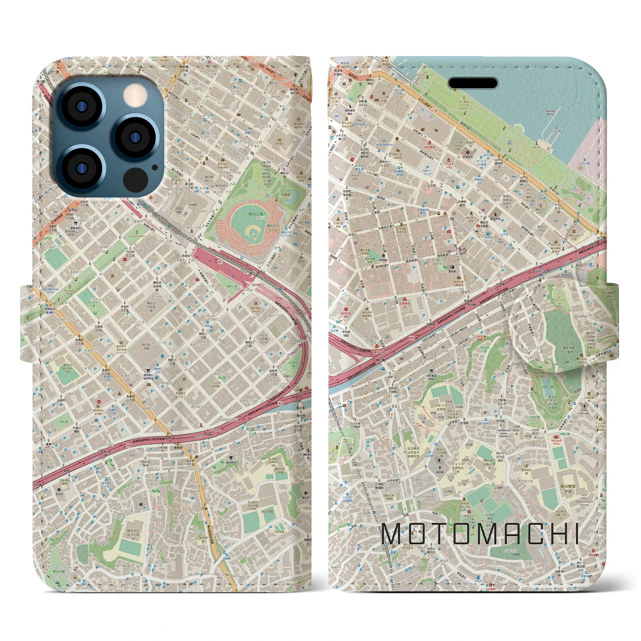 【元町（神奈川県）】地図柄iPhoneケース（手帳タイプ）ナチュラル・iPhone 12 / 12 Pro 用